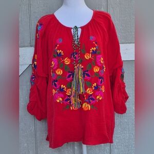 SEE AND BE SEEN Women's Red Embroidered Tassel Boho Blouse Top Cotton Size L
